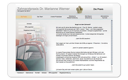 <span style="font-weight: bold">Zahnarztpraxis Dr. Marianne Werner</span><br />Internetseite – Informationen zur Praxis <br />Gestaltung und Programmierung