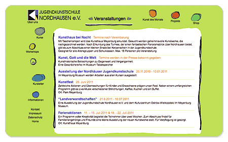 <span style="font-weight: bold">Jugendkunstschule Nordhausen e.V.</span><br />Internetseite – Veranstaltungen<br />Gestaltung und Programmierung – Grafische Elemente von Kursteilnehmern
