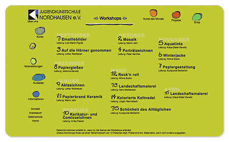 <span style="font-weight: bold">Jugendkunstschule Nordhausen e.V.</span><br />Internetseite – Workshops<br />Gestaltung und Programmierung – Grafische Elemente von Kursteilnehmern