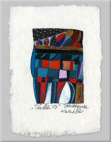 <span style="font-weight: bold">Türkis</span><br />Johanna Kerwitz, ca. 11 x 15 cm, handgeschöpftes Papier, Seide, Mischtechnik, Goldfarbe